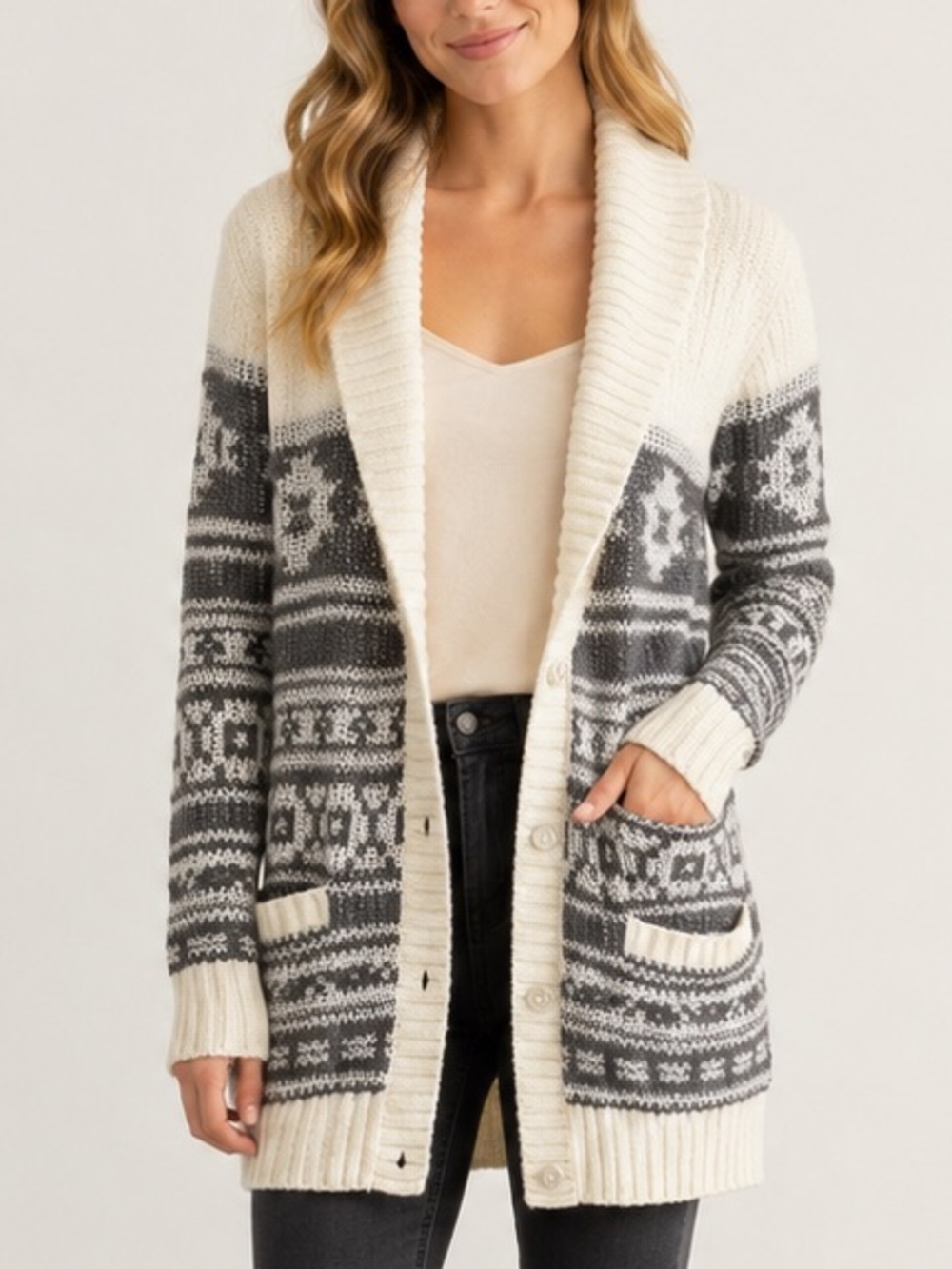 Sun & Shadow Fair Isle Nordic Longline Shawl Cardigan Cream Grey S